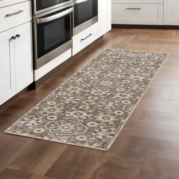 2' X 8' Grey And Tan Floral Power Loom Stain Resistant Runner Rug With Fringe