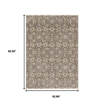 5' X 8' Grey And Tan Floral Power Loom Stain Resistant Area Rug With Fringe