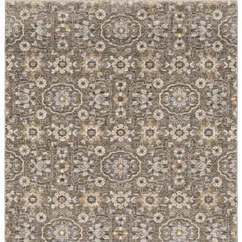 5' X 8' Grey And Tan Floral Power Loom Stain Resistant Area Rug With Fringe