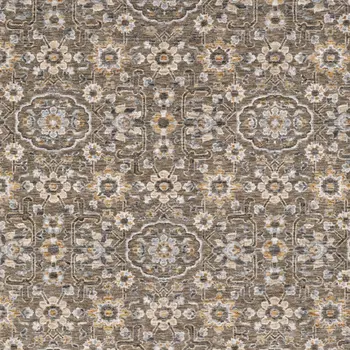 7' X 10' Gray And Gold Floral Area Rug With Fringe