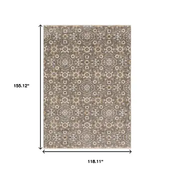10' X 13' Grey And Tan Floral Power Loom Stain Resistant Area Rug With Fringe