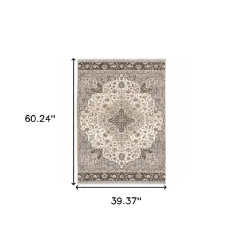 3' X 5' Ivory And Blue Oriental Power Loom Stain Resistant Area Rug With Fringe