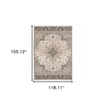 10' X 13' Ivory And Blue Oriental Power Loom Stain Resistant Area Rug With Fringe