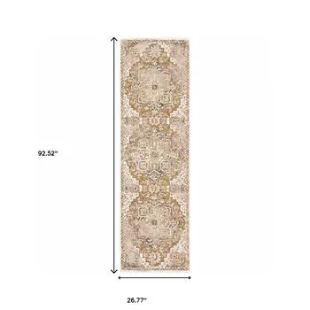 2' X 8' Gold And Ivory Oriental Power Loom Stain Resistant Runner Rug With Fringe