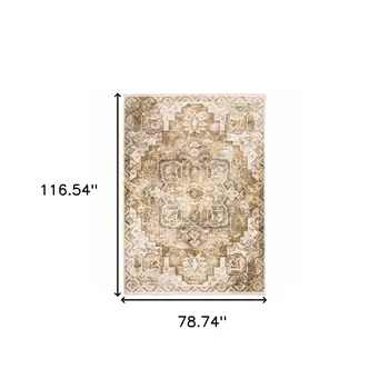 7' X 10' Gold And Brown Oriental Distressed Area Rug With Fringe