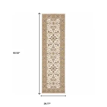 2' X 8' Ivory And Gold Oriental Power Loom Stain Resistant Runner Rug With Fringe