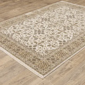 2' X 3' Ivory And Gold Oriental Power Loom Stain Resistant Area Rug With Fringe