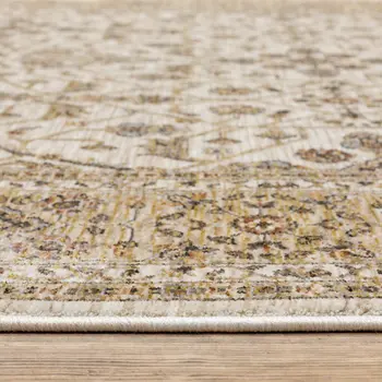 7' X 10' Ivory And Gold Oriental Area Rug With Fringe