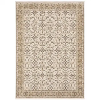 8' X 11' Ivory And Gold Oriental Area Rug With Fringe