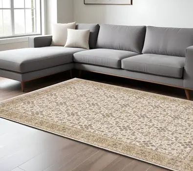 8' X 11' Ivory And Gold Oriental Area Rug With Fringe