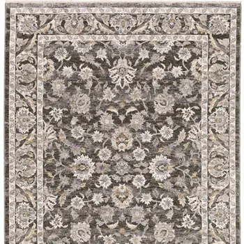 5' X 8' Grey And Ivory Oriental Power Loom Stain Resistant Area Rug With Fringe