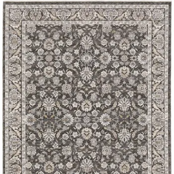 8' X 11' Grey And Ivory Oriental Power Loom Stain Resistant Area Rug With Fringe