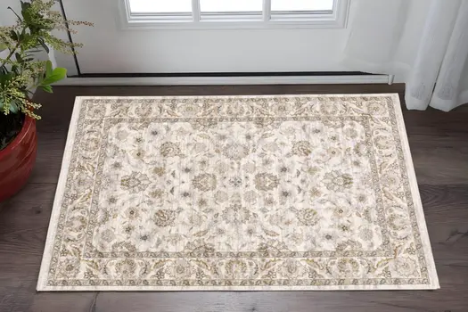 2' X 3' Ivory And Grey Oriental Power Loom Stain Resistant Area Rug With Fringe
