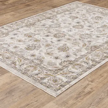 10' X 13' Ivory And Grey Oriental Power Loom Stain Resistant Area Rug With Fringe