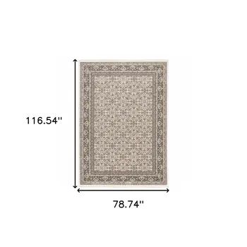 7' X 10' Ivory And Charcoal Oriental Area Rug With Fringe