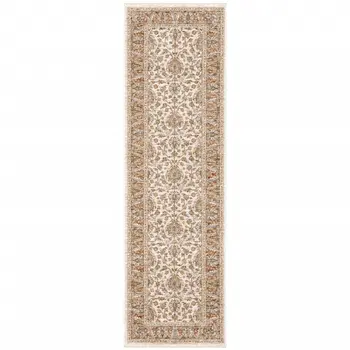 2' X 8' Rust And Ivory Oriental Power Loom Stain Resistant Runner Rug With Fringe