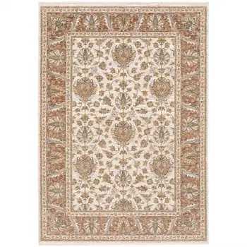 3' X 5' Rust And Ivory Oriental Power Loom Stain Resistant Area Rug With Fringe