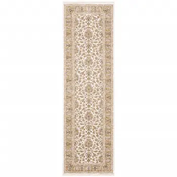 2' X 8' Ivory And Gold Oriental Power Loom Stain Resistant Runner Rug With Fringe