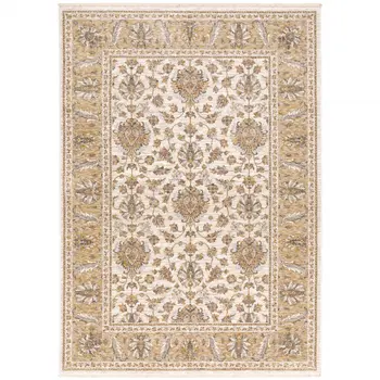 3' X 5' Ivory And Gold Oriental Area Rug With Fringe