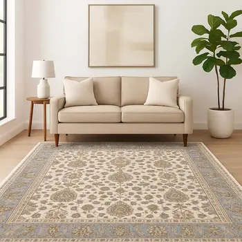 5' X 8' Ivory And Blue Oriental Power Loom Stain Resistant Area Rug With Fringe