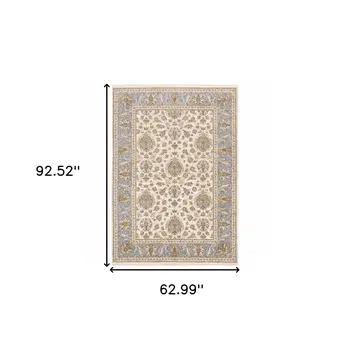5' X 8' Ivory And Blue Oriental Power Loom Stain Resistant Area Rug With Fringe