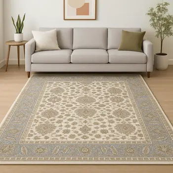 10' X 13' Ivory And Blue Oriental Power Loom Stain Resistant Area Rug With Fringe