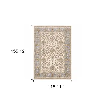 10' X 13' Ivory And Blue Oriental Power Loom Stain Resistant Area Rug With Fringe