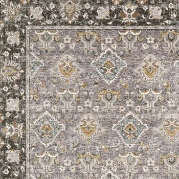 5' X 8' Grey And Blue Oriental Power Loom Stain Resistant Area Rug With Fringe