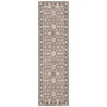 2' X 8' Grey And Ivory Oriental Power Loom Stain Resistant Runner Rug With Fringe