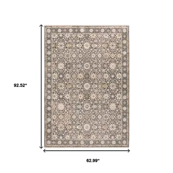 5' X 8' Charcoal And Ivory Oriental Area Rug With Fringe