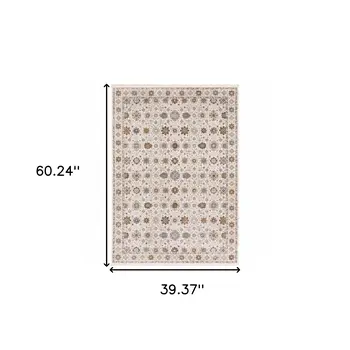 3' X 5' Ivory And Gold Oriental Power Loom Stain Resistant Area Rug With Fringe