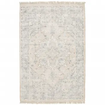 10' X 13' Beige And Grey Oriental Hand Loomed Stain Resistant Area Rug With Fringe