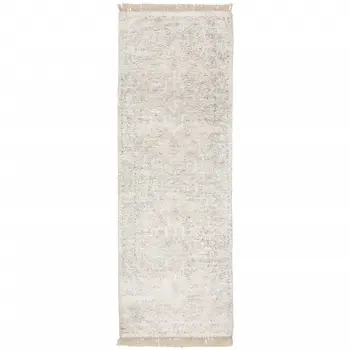 8' Beige And Gray Oriental Hand Loomed Runner Rug With Fringe