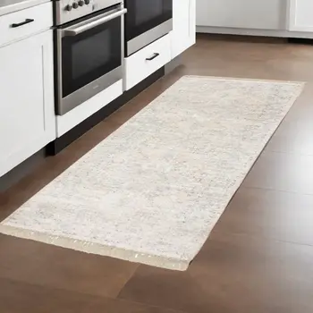 8' Beige And Gray Oriental Hand Loomed Runner Rug With Fringe