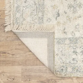 5' X 8' Beige And Charcoal Oriental Hand Loomed Stain Resistant Area Rug With Fringe