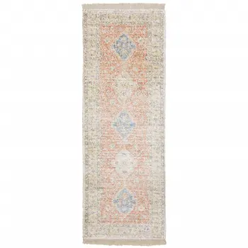 8' Orange And Blue Oriental Hand Loomed Distressed Runner Rug With Fringe