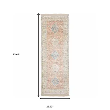 8' Orange And Blue Oriental Hand Loomed Distressed Runner Rug With Fringe