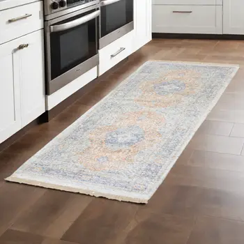8' Blue And Red Oriental Hand Loomed Distressed Runner Rug With Fringe