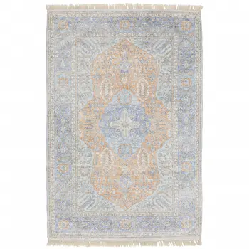 5' X 8' Blue And Red Oriental Hand Loomed Stain Resistant Area Rug With Fringe