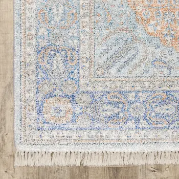 5' X 8' Blue And Red Oriental Hand Loomed Stain Resistant Area Rug With Fringe