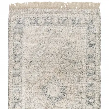 8' Beige And Gray Oriental Hand Loomed Distressed Runner Rug With Fringe