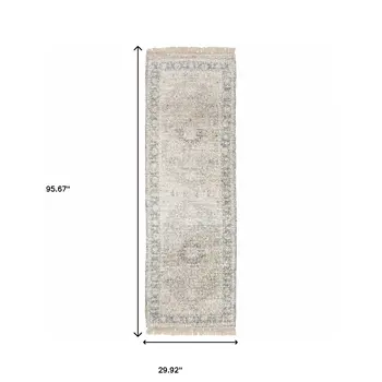 8' Beige And Gray Oriental Hand Loomed Distressed Runner Rug With Fringe