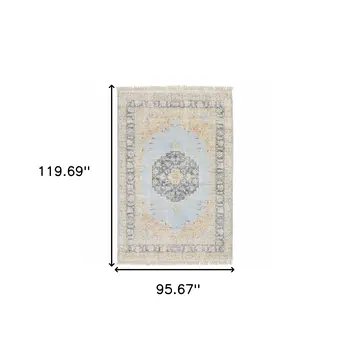 8' X 10' Blue And Beige Oriental Hand Loomed Stain Resistant Area Rug With Fringe