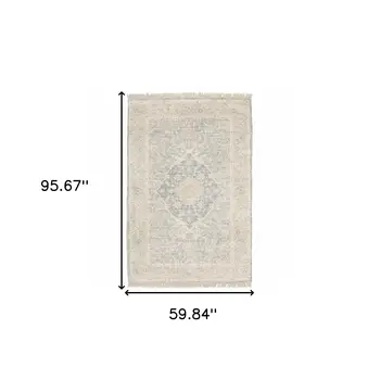 5' X 8' Grey And Beige Oriental Hand Loomed Stain Resistant Area Rug With Fringe
