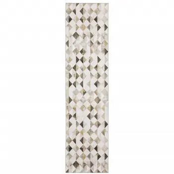 8' Beige And Gray Geometric Runner Rug