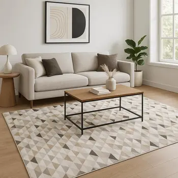 5' X 7' Beige Brown Grey And Ivory Geometric Power Loom Stain Resistant Area Rug