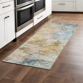 2' X 8' Blue And Yellow Abstract Power Loom Stain Resistant Runner Rug