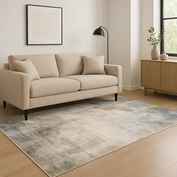 5' X 7' Beige Blue Grey Green Brown And Purple Abstract Power Loom Stain Resistant Area Rug