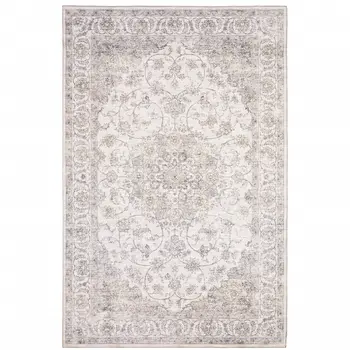 9' X 12' Beige Gold And Grey Oriental Power Loom Stain Resistant Area Rug