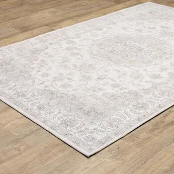 9' X 12' Beige Gold And Grey Oriental Power Loom Stain Resistant Area Rug